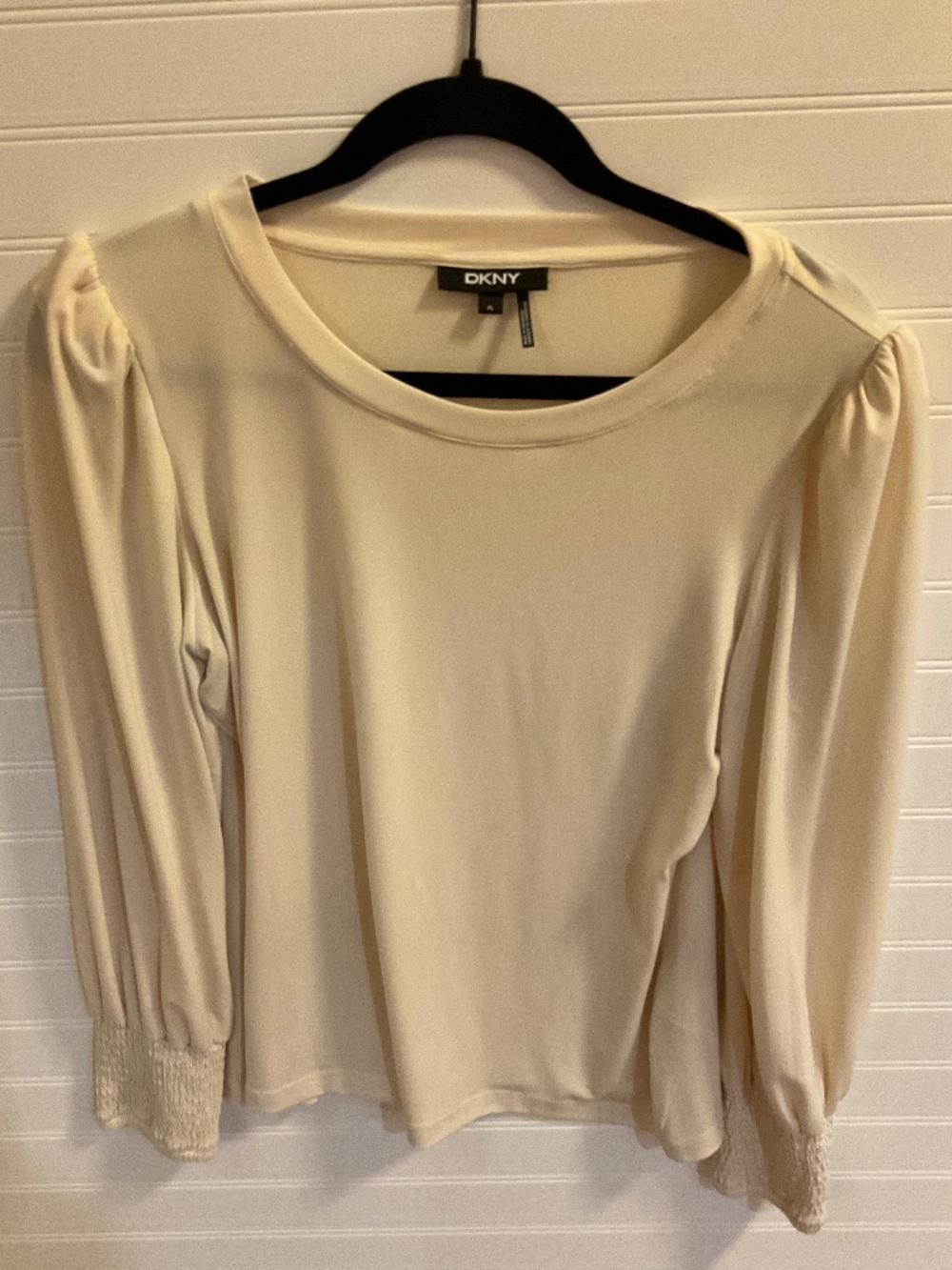 DKNY Ivory Puff Sleeve Top Smocked Cuff Long Sleeve Blouse Size: PL Pre Owned